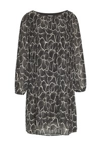 Robe noir et blanc avec un motif floral, dotée de longues manches, d'une coupe lâche et d'un col rond. Fabriquée en tissu léger et texturé.