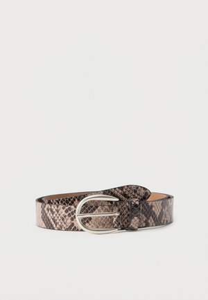 Python-patterned belt in shades of brown and beige, featuring a silver-tone metal buckle and smooth texture.
