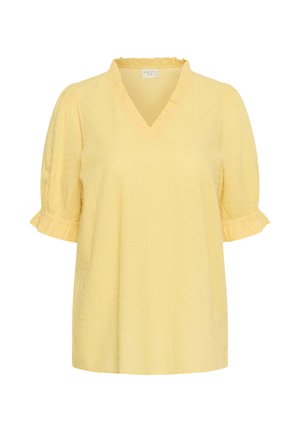 Sárga, texturált, rövid ujjú blúz V-nyakkivágással és finom fodros részletekkel a galléron és az ujjvégeken.
