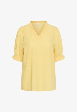 Sárga, texturált, rövid ujjú blúz V-nyakkivágással és finom fodros részletekkel a galléron és az ujjvégeken.