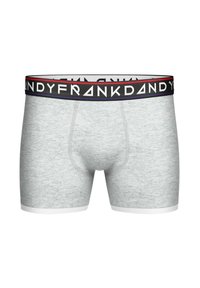 Grå herrboxershorts med en svart, röd och marinblå midja som har "FRANKDANDY"-logotypen. Slät tyg med vita detaljer vid benöppningarna.