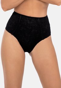 Zwarte hoge taille kantpanty met bloemmotief, met gladde randen en gematigde bedekking, die de delicate textuur en het ontwerp laat zien.