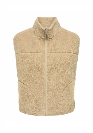 Beige mouwloze fleecevest met hoge kraag en rits aan de voorkant, gemaakt van een gestructureerde, zachte sherpa-stof.
