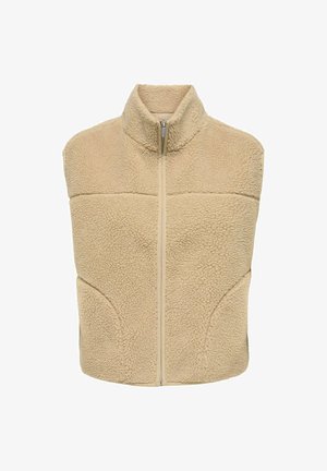 Beige sleeveless fleece -liivi, jossa korkea kaulus ja etuvetoketju, valmistettu teksturoidusta, pehmeästä sherpa-kankaasta.