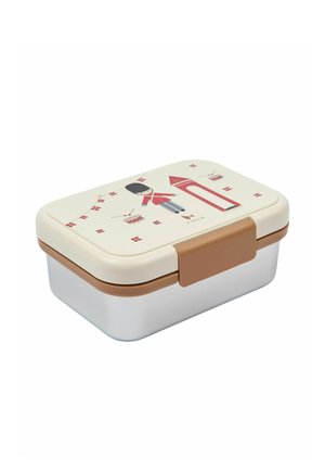 Bento-boks med cremefarvet yderside og en brun lukning. Den har farverige illustrationer af en soldat, et hus og forskellige mønstre på låget.