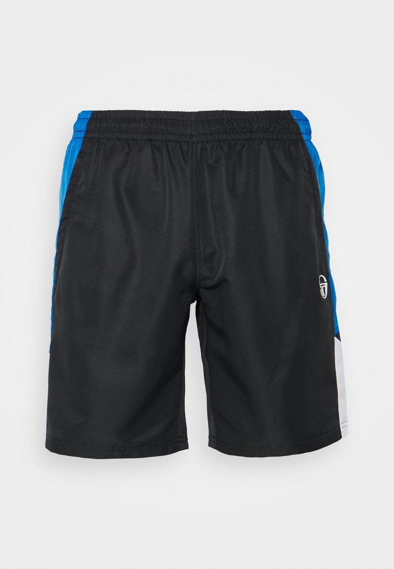 Shorts de sport noirs avec un panneau latéral bleu, une taille élastique et un détail de logo sur le bas à l'avant. Tissu lisse et léger.