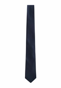 Mørkeblå slips med et struktureret mønster, smal form, spids ende og et slankt design, lavet af et glat stof.