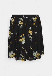 Zwarte bloemenrok met elastische tailleband, voorzien van gele en blauwe bloemperken en een vloeiend ontwerp. Gemaakt van lichtgewicht stof.