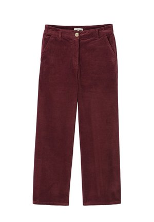 Pantalons en velours côtelé bordeaux avec un design à jambe droite, dotés de poches avant et d'une fermeture à bouton. La largeur est uniforme sur toute la jambe.