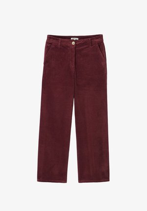 Pantalons en velours côtelé bordeaux avec un design à jambe droite, dotés de poches avant et d'une fermeture à bouton. La largeur est uniforme sur toute la jambe.