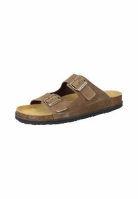 Braune Wildleder-Sandalen mit zwei verstellbaren Riemen, Metall-Schnallen, einem Korkfußbett und einer strukturierten schwarzen Gummisohle.