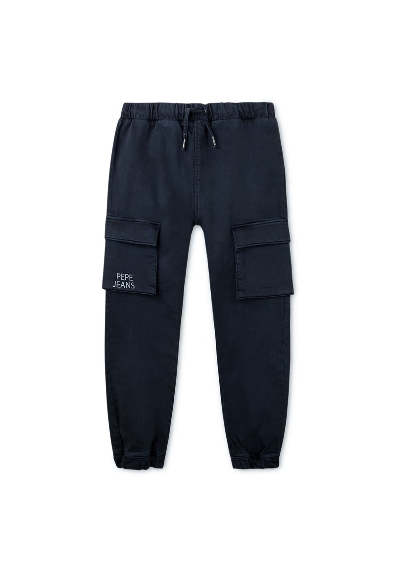 Marinblå cargobyxor med elastisk midja och justerbar dragsko, med två sidofickor och broderad logodetalj.