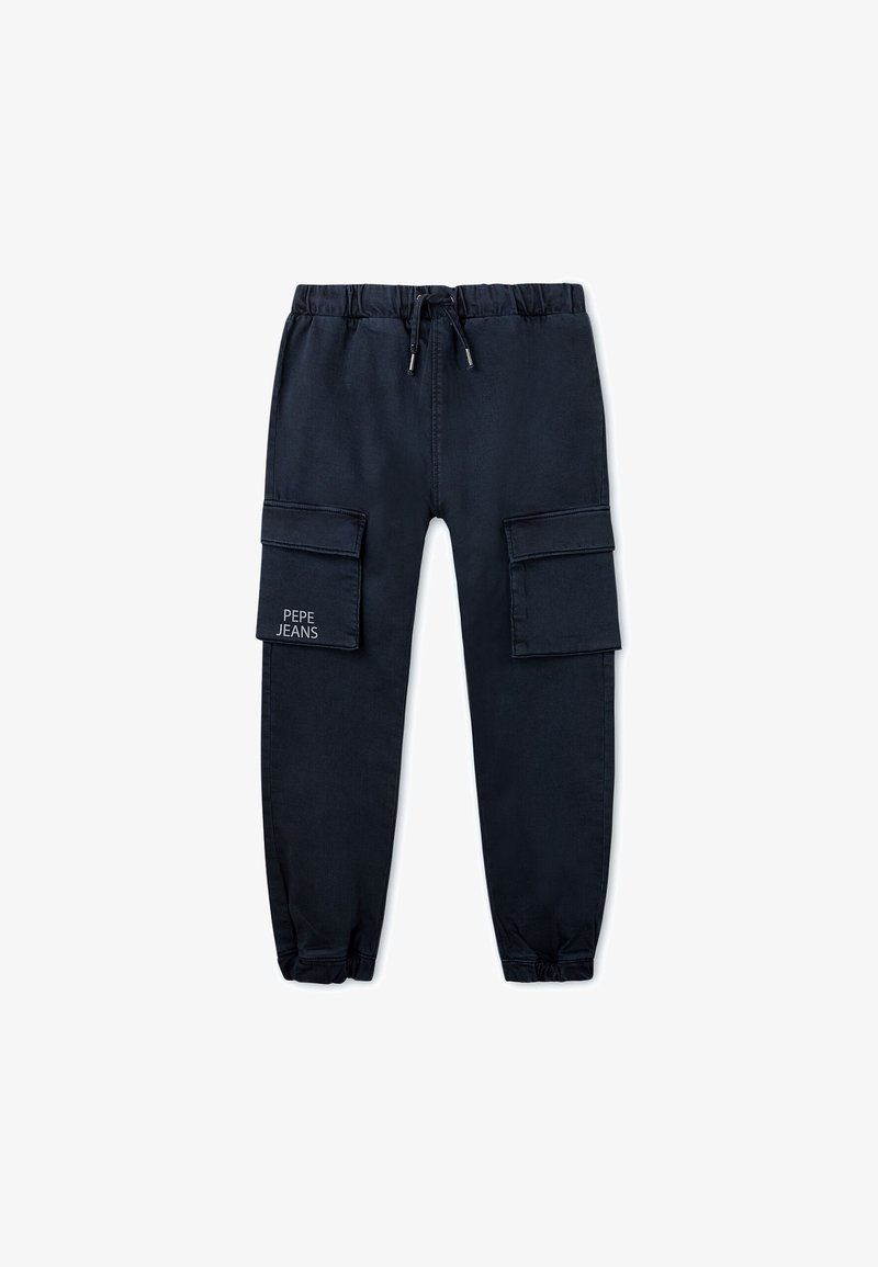 Marinblå cargobyxor med elastisk midja och justerbar dragsko, med två sidofickor och broderad logodetalj.