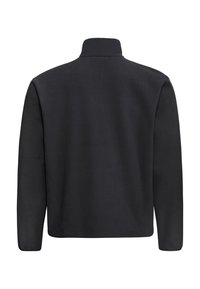 Giacca in pile nera con colletto alto, maniche lunghe e tessuto liscio. Design semplice senza motivi o decorazioni visibili.