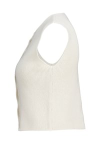 White knitted sleeveless top with a V-neck, featuring ribbed texture and side slits for ease of movement.