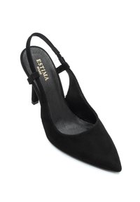 Mustast seemissest slingback-kontsakinga terav nina, reguleeritav rihm ja tekstuuriga must sisetald. Kannal on märgitud kaubamärk "ESTIMA".