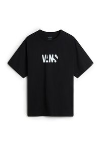 Black cotton t-shirt with short sleeves featuring a bold white Vans logo across the chest. Classic round neck design, simple and minimalistic.