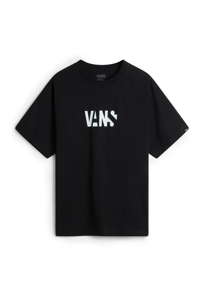 Black cotton t-shirt with short sleeves featuring a bold white Vans logo across the chest. Classic round neck design, simple and minimalistic.