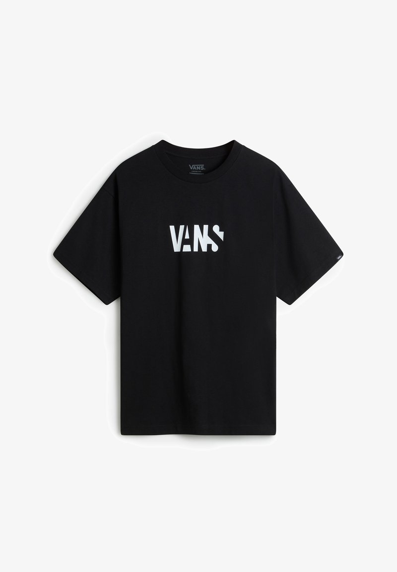 Svart bomulls-t-shirt med korta ärmar som har en djärv vit Vans-logotyp över bröstet. Klassisk rund halsdesign, enkel och minimalistisk.