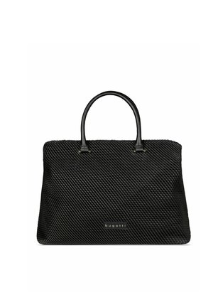 Schwarze, strukturierte rechteckige Handtasche mit zwei Griffen und einer kleinen "bugatti" Logo-Plakette vorne in der Mitte.