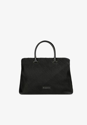 Black textured rectangular handbag with two handles and a small "bugatti" logo plaque on the front center.