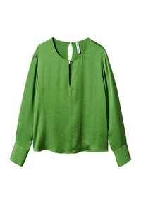 Blouse verte à manches longues avec encolure ronde, fente centrale devant, fermeture à bouton au niveau de la nuque et larges poignets aux manches.