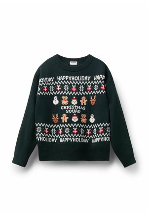 Pull en tricot vert foncé avec des personnages et motifs festifs, comprenant des bonhommes de neige, des rennes et des hommes en pain d'épice, avec le texte "ÉQUIPE DE NOËL."