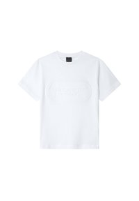 Hvid bomulds T-shirt med en tekstureret oval lap med "HACKETT SPORT" prægning i midten. Korte ærmer og rund hals.