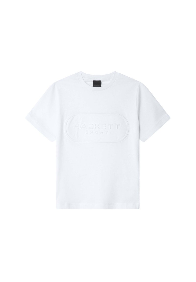 Hvid bomulds T-shirt med en tekstureret oval lap med "HACKETT SPORT" prægning i midten. Korte ærmer og rund hals.