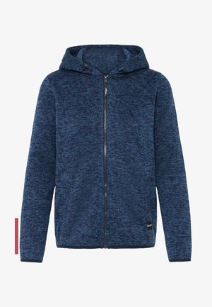 Sinine tõmblukkudega kapuutsiga sviiter, mis on valmistatud kootud kangast tekstuurse pinnaga, küljetaskutega. Badzi logo on nähtav hemmi lähedal.