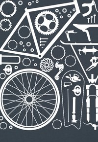 Illustratie van fietsmechanica op een donkere achtergrond; bevat witte tandwielen, een wiel, kettingen, frameonderdelen en gereedschappen in verschillende vormen en maten.