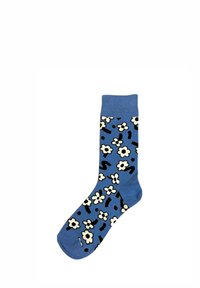 Chaussette bleue avec motif floral blanc et noir, bord-côte côtelé, et sections unies au niveau des orteils et du talon.