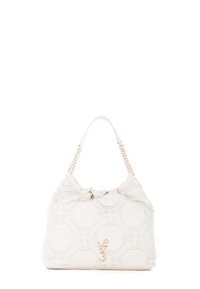 Witte leren handtas met een gequilt floral patroon, kettinghengsel en een geraffineerde bovenkant. Bevat een gouden logo accent aan de voorkant.