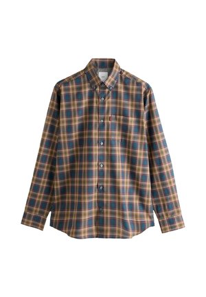 Uomo che indossa una camicia a quadri marrone e blu con bottoni, jeans blu e scarpe nere, in piedi davanti a uno sfondo verde oliva.