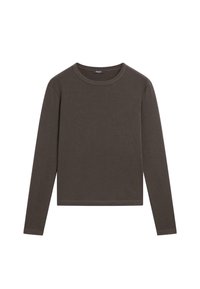 Bruine langwerpige blouse met lange mouwen, gemaakt van zachte stof, met een ronde hals en een rechte zoom. Eenvoudig ontwerp, zonder versieringen of patronen.