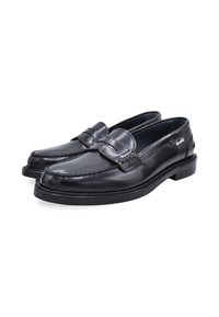 Black leather loafers with a smooth finish, stitched detailing, and a raised front panel. Features a low, textured rubber sole.