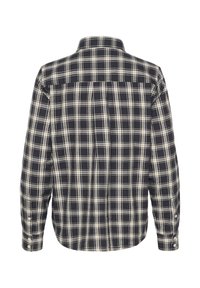 Camicia a maniche lunghe a scacchi in navy, crema e nero. Presenta un colletto button-down e bottoni ai polsini. Parte posteriore con un dettaglio di plico.