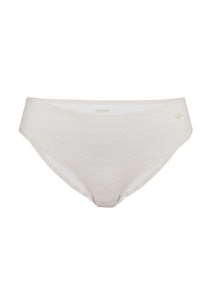 Light beige women's brief with a chevron pattern, made from soft fabric. Features a logo near the waistband and smooth edges.