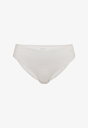 Helles beige Damen-Slip mit Chevron-Muster, aus weichem Stoff gefertigt. Verfügt über ein Logo in der Nähe des Bunds und glatte Kanten.