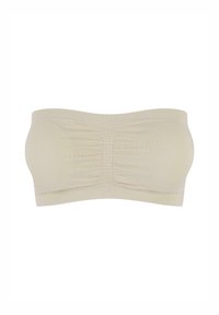 Beige strapless bandeau-top lavet af blødt, strækbart stof. Har detaljer med rynket midte, sømløse kanter og en glat tekstur.