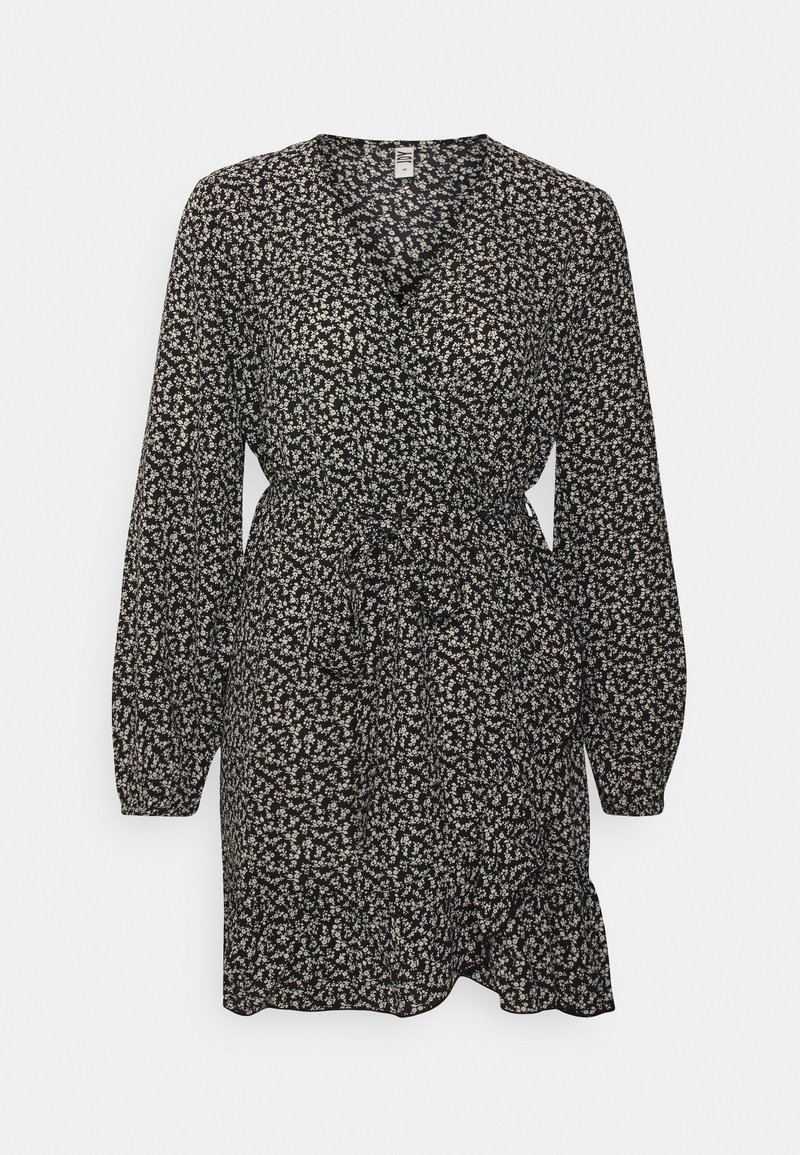 Robe portefeuille noire à manches longues avec imprimé floral blanc, taille élastique et ourlet à volants, longueur au genou.