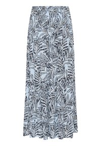 Floral maxi skirt featuring an elastic waistband, made of lightweight fabric with a blue background and black leaf patterns.