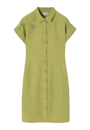 Kurzärmeliges, mit Kragen versehenes Kleid aus hellgrünem Stoff, mit gestickten Blumenmotiven und Holzknöpfen auf der Vorderseite.