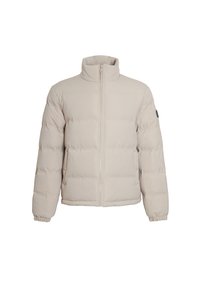 Geacă tip puffer de culoare bej deschis, cu închidere cu fermoar, guler înalt, manșete elastice, dotată cu un buzunar lateral, textură matlasată cu panouri cusute.