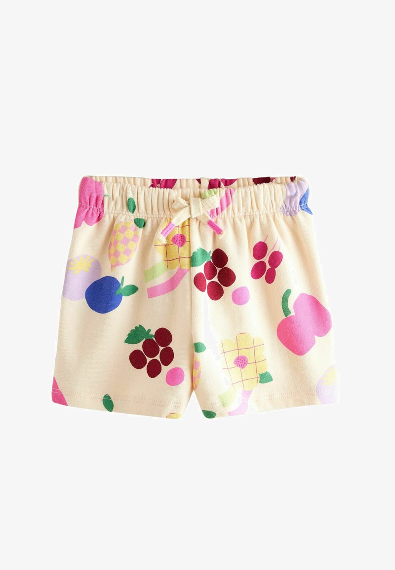 Baumwollshorts mit Fruchtmuster in Pastellfarben, ausgestattet mit einem elastischen Bund mit Kordelzug und mehreren verspielten Fruchtmotiven.