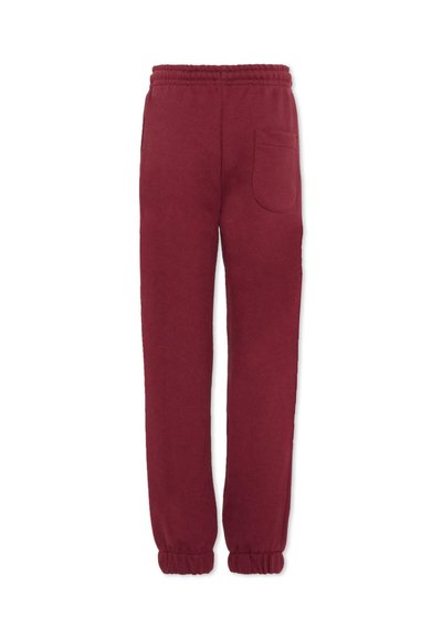 Bordeauxkleurige sweatpants met een taps toelopende pijp, elastische tailleband en een enkele achterzak. Gemaakt van zachte stof met een gladde textuur.