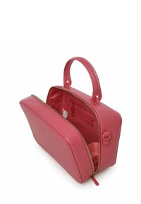 Borsa a tracolla in pelle rosa con un design strutturato, dotata di una maniglia superiore e zipper dorato. L'interno include una tasca e una texture liscia.