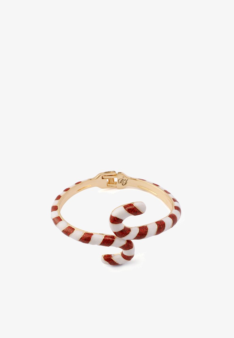 Gold-tone bracelet with a candy cane design, featuring red glitter stripes and white accents, shaped into a twisted form with a clasp.