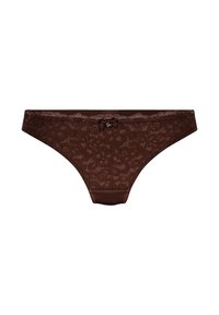 Sous-vêtements de style bikini en dentelle de couleur marron riche, ornés de motifs floraux, avec une taille lisse et un petit nœud décoratif au centre avant.