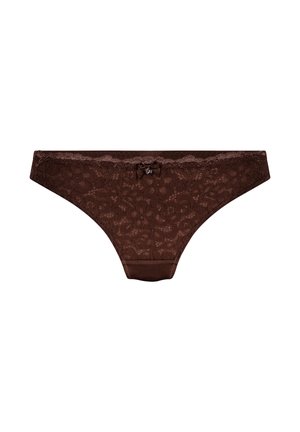 Dunne bikini-stijl ondergoed in rijke bruine kleur, met bloemenpatronen, een soepele tailleband en een kleine strikaccent aan de voorkant in het midden.